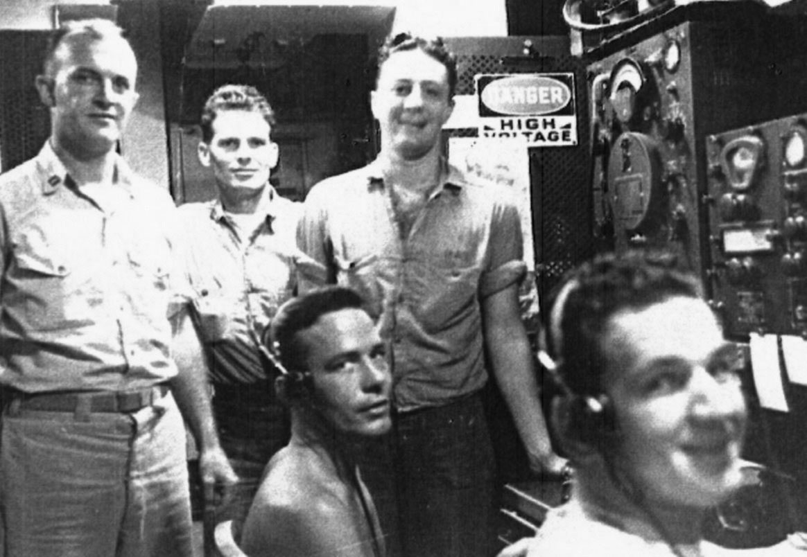 Radio Gang.<br>(L&rarr;R) Lt. Magill, W. Bates, B. Brady, R. Raphael, I. McKenzie.