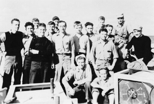 Radar Gang.<br>STANDING (L&rarr;R) S. Young, J. Reardon, G. Mullen, R. O&rsquo;Neill, W. Wilthew, A. Rassmusen, P. Russo, D. Scott, [unknown], H. Goetz, N. Nault, W. Biers, F. Russo, P. Ingalls.<br>FRONT (L&rarr;R) P. Penta, R. Stogentin.