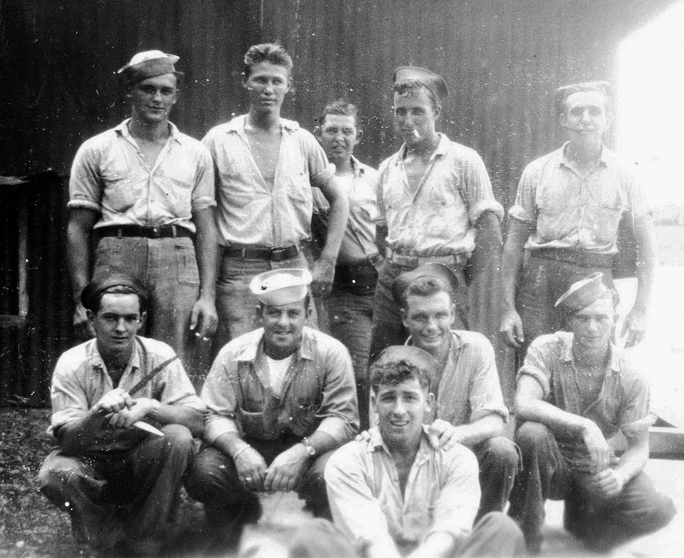 BACK ROW (L&rarr;R) P. Pradovich, R. Colborn, W. Hersey, [unknown], [unknown].<br>FRONT ROW (L&rarr;R) R. Pelletier, [unknown], F. Hodges, [unknown].<br>FRONT: E. Pelletier.